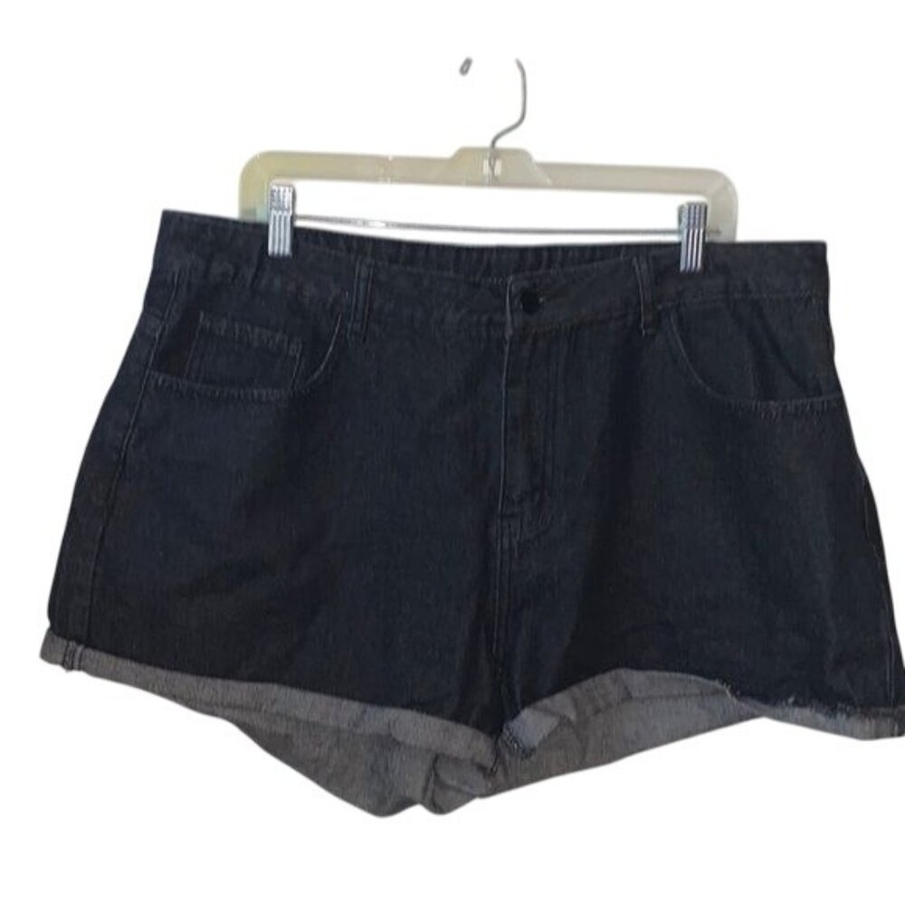 Black High-Waisted Denim Shorts With Orange & Black Printed Back Pockets Rolled